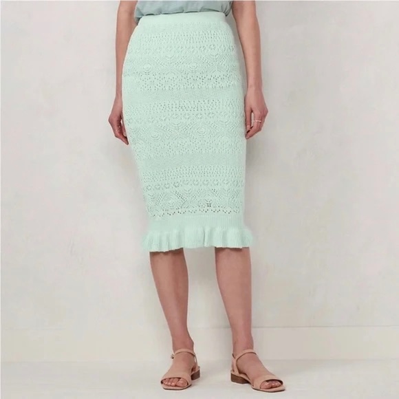 LC LAUREN CONRAD Green Midi Skirt Fitted Peplum Hem Lace Pointelle Size Small - Picture 1 of 8